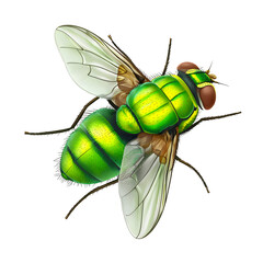 Vibrant Green Blow Fly Illustration with Detailed Wing Venation on Black Background