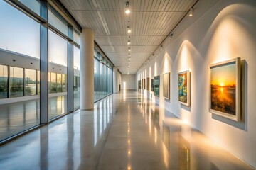 Fototapeta premium Modern art gallery hallway with large windows and illuminated landscape paintings