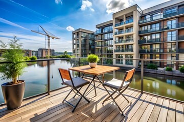 Fototapeta premium Modern waterfront apartment balcony with table chairs and canal view under sunny sky
