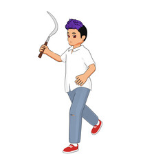 Vector cartoon of a teenage boy holding a sickle weapon, suggesting danger or aggression. Useful for youth violence or crime illustration themes.