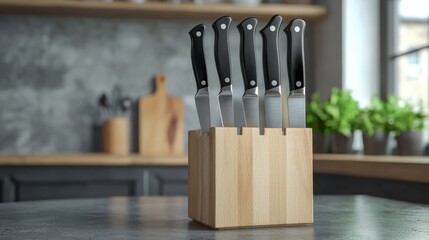 3D render of knife block with knives inserted