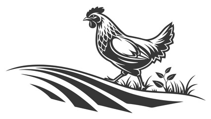 Fototapeta premium Stylized Chicken Walking on a Field with Grass and Plants.