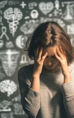 A woman holds her head in distress, surrounded by blurred medical and scientific symbols on a blackboard.