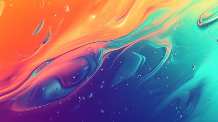 Abstract vibrant orange, pink, teal, and blue liquid swirls with droplets.