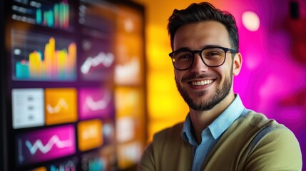 Smiling man in glasses, standing before colorful data charts on a screen.