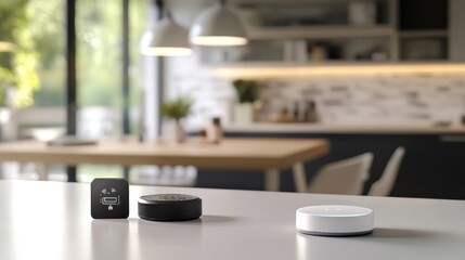 Smart home devices on kitchen counter.