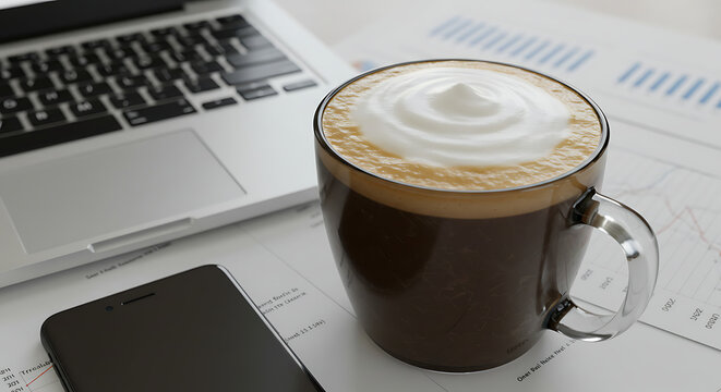 A close-up of a business workspace with a frothy cappuccino, a laptop, and a smartphone resting on financial documents.