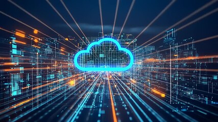 Futuristic cityscape with glowing cloud symbolizing digital connectivity and data flow at night - Powered by Adobe