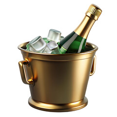 Golden champagne bucket filled with ice and champagne bottle isolated on transparent background
