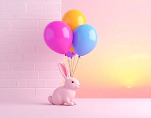 Obraz premium Rainbow balloons and rabbit on an old white brick wall copy space 