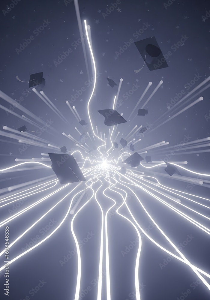 Poster abstract data streams and floating shapes in a digitally rendered environment