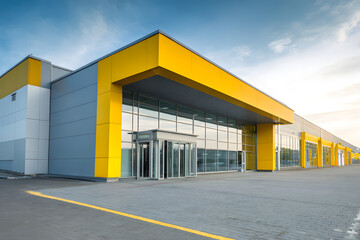 capture facade of modern discount center in understated style minimalist design with ample copy space invites visual