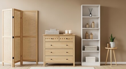 Elegant interior design featuring a wooden dresser, folding screen and a sleek white bookshelf