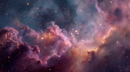 Colorful nebula cloud formations, star clusters twinkling throughout, dreamy sci-fi atmosphere

