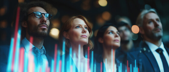 Focused business team, diverse professionals, city night, digital graph, determination, teamwork