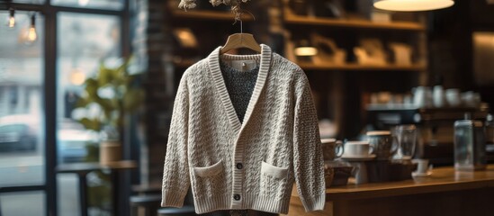 Cream-colored knitted cardigan hanging in a coffee shop.