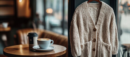 Cozy cafe scene with a cappuccino and cream-colored cardigan.