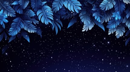 Dark blue tropical leaves and starry night sky background.
