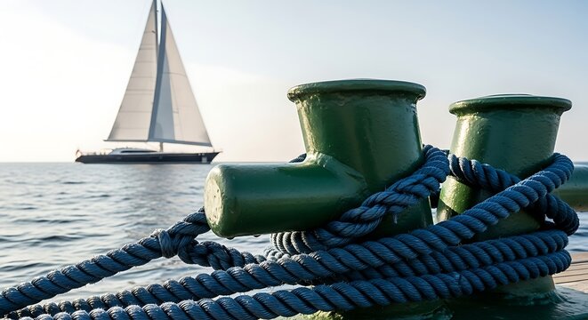 Mooring lines secured on a bollard with a sailboat drifting in the sea afar