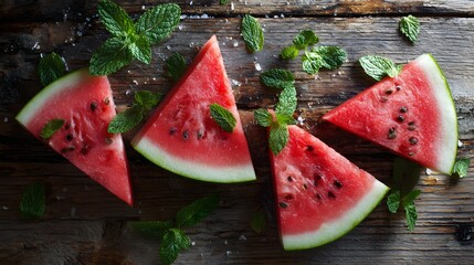 Overhead view of triangular watermelon wedges layered with fresh mint on rustic wooden surface.
