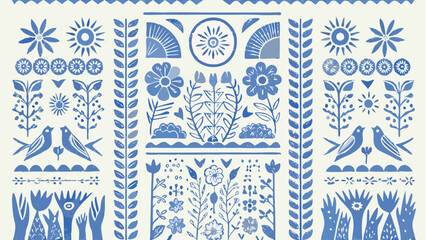 Aesthetic illustration featuring floral patterns, birds, suns, and decorative elements in blue and white tones silhouette