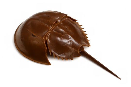 Horseshoe crab resting with distinctive protective shell, segmented body sprawling across neutral studio backdrop