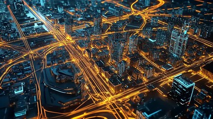 Aerial view of a vibrant cityscape at night, showcasing illuminated streets and buildings, bustling urban life