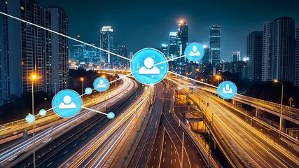 Urban night scene showcasing a bustling highway with light trails and digital network icons above - Powered by Adobe