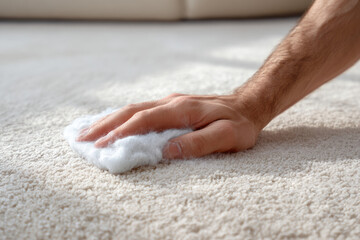 Close-up of hand cleaning carpet with white cloth