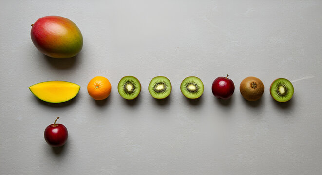 &ldquo;Exotic fruit Morse code: each fruit representing dot or dash, cryptic flat lay&rdquo;