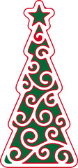 Elegant Christmas tree illustration with intricate swirl patterns. Festive holiday decoration graphic with a star on top, isolated on a white background.