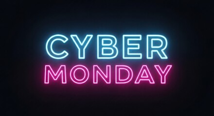 Obraz premium Neon Cyber Monday text in blue and pink glowing lights on black image