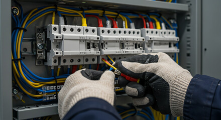 Professional Electrician Wiring Electrical Panel: Hands Connecting Colorful Wires in Power Distribution Board