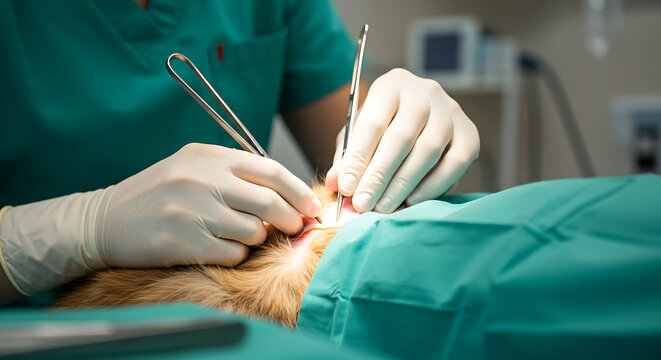 Veterinarian's hands performing a surgical procedure on a pet in a sterile clinic environment.