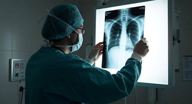 Medical Professional Examining Chest X-ray for Diagnosis