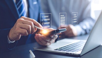 Businessmen using smartphone and laptop with checklist interface