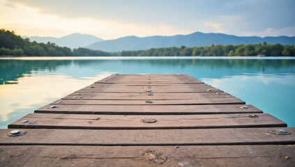 Fototapeta premium Luxury Rustic Wooden Dock at Golden Hour, Serene Waterfront, Calm Reflection, Peaceful Escape, High-End Travel, Premium
