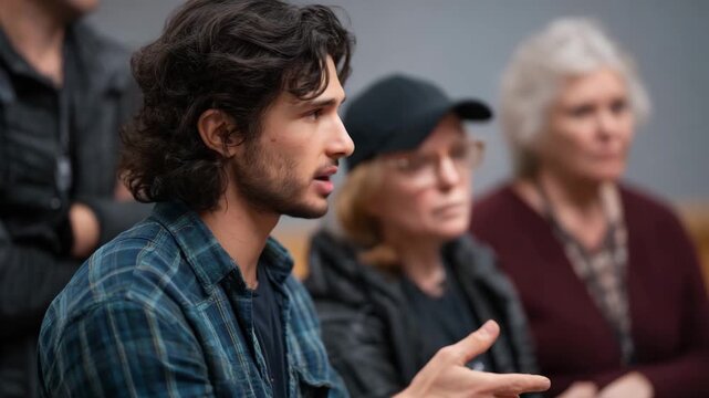A thoughtful young man shares his insights during an engaging group discussion, highlighting emotions and connections among participants in a cozy, supportive environment.