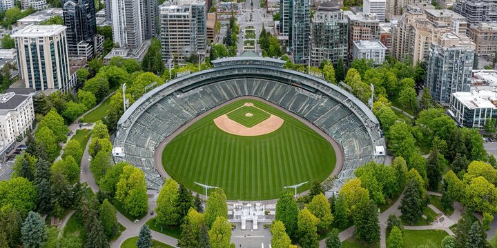 Aerial view baseball stadium surrounded by trees and cityscape - Powered by Adobe