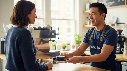 A cheerful barista in a modern café hands a cup of coffee to a smiling customer across the counter. The barista, wearing a navy apron labeled “BARISTAS,” interacts warmly with the customer.