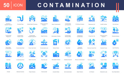 Contamination icon set including toxic waste, chemical spills, polluted water, radioactive leaks, and biohazards. Perfect for environmental, health, and industrial safety themes.