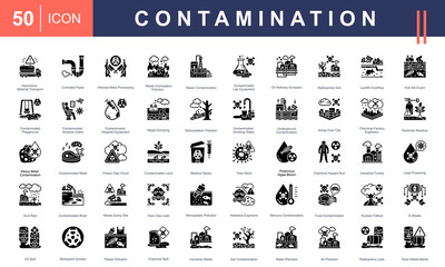 Contamination icon set including toxic waste, chemical spills, polluted water, radioactive leaks, and biohazards. Perfect for environmental, health, and industrial safety themes.