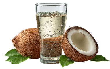 Coconut water fills glass near coconuts. Illustrates healthy lifestyle. Perfect for marketing, advertising, web, and print design on health, food, and wellness.