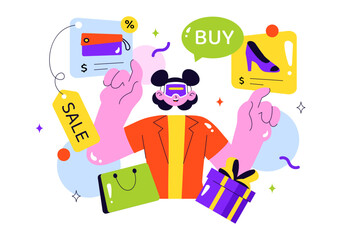 VR Shopping Vector Illustration featuring People Using Virtual Reality Digital Glasses to Experience Innovative Metaverse Shopping in a Background