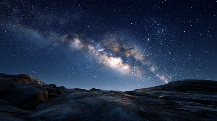 A serene expanse of the Milky Way galaxy seen from a rocky alien planet