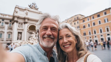 Joyful senior couple taking selfie in front of historic fountain in city square during sunny day in Italy, capturing memories