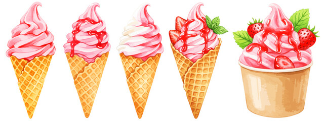 ストロベリーソフトクリーム /苺とイチゴソースとミントの乗ったアイスクリームの水彩ベクターイラストセット コーンアイス/ カップアイス	