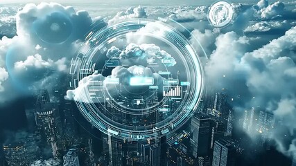 Futuristic cityscape with digital interface overlay, showcasing technology amidst cloudy skies - Powered by Adobe