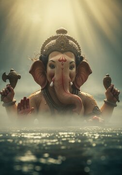 Lord ganesha emerging from misty water bathed in ethereal light holding sacred objects