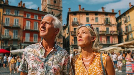 Joyful elderly couple exploring a vibrant European town square under a bright sunny sky, capturing moments of wonder and joy